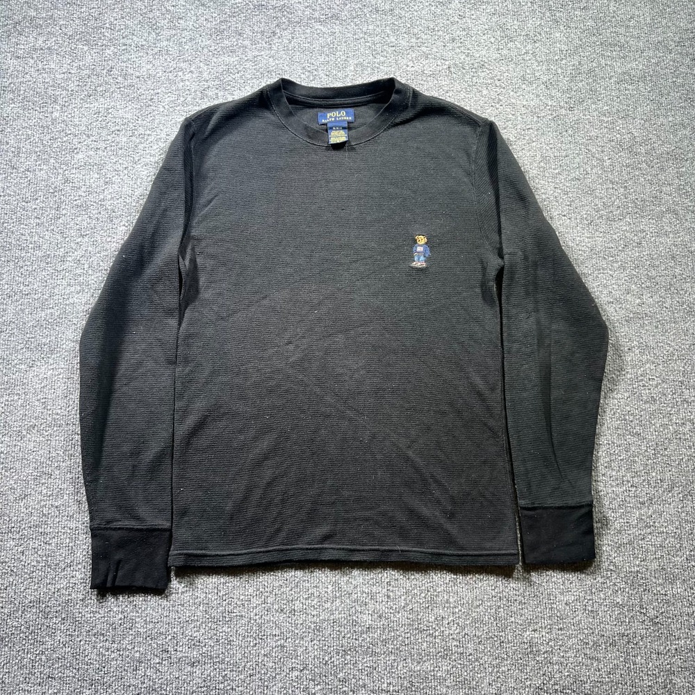 Polo Ralph Lauren Bear Shirt Mens M Black Waffle Knit Thermal Everyday Preppy